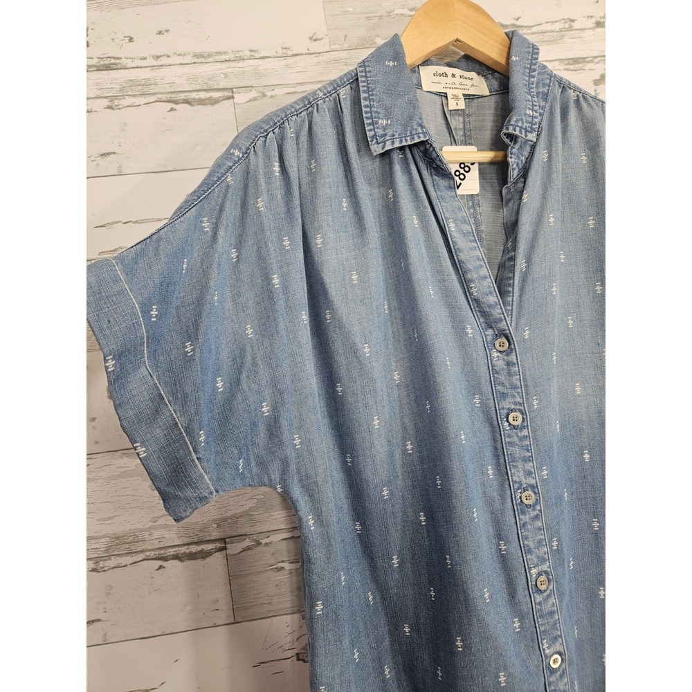Cloth Stone Anthropologie Womens Small Chambray Button Up Shirt Geo Print - Picture 3 of 9